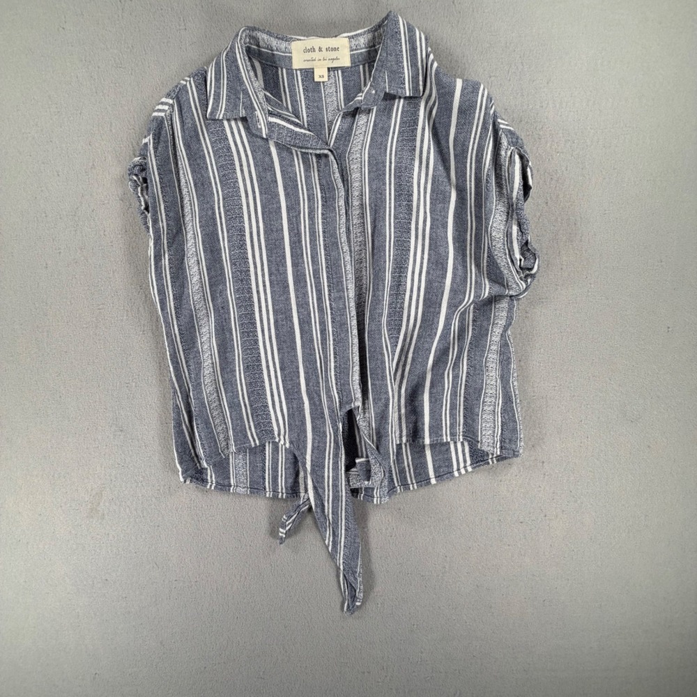 Cloth & Stone Women's XS Blue White Striped Linen Blend Tie Front Shirt Blouse